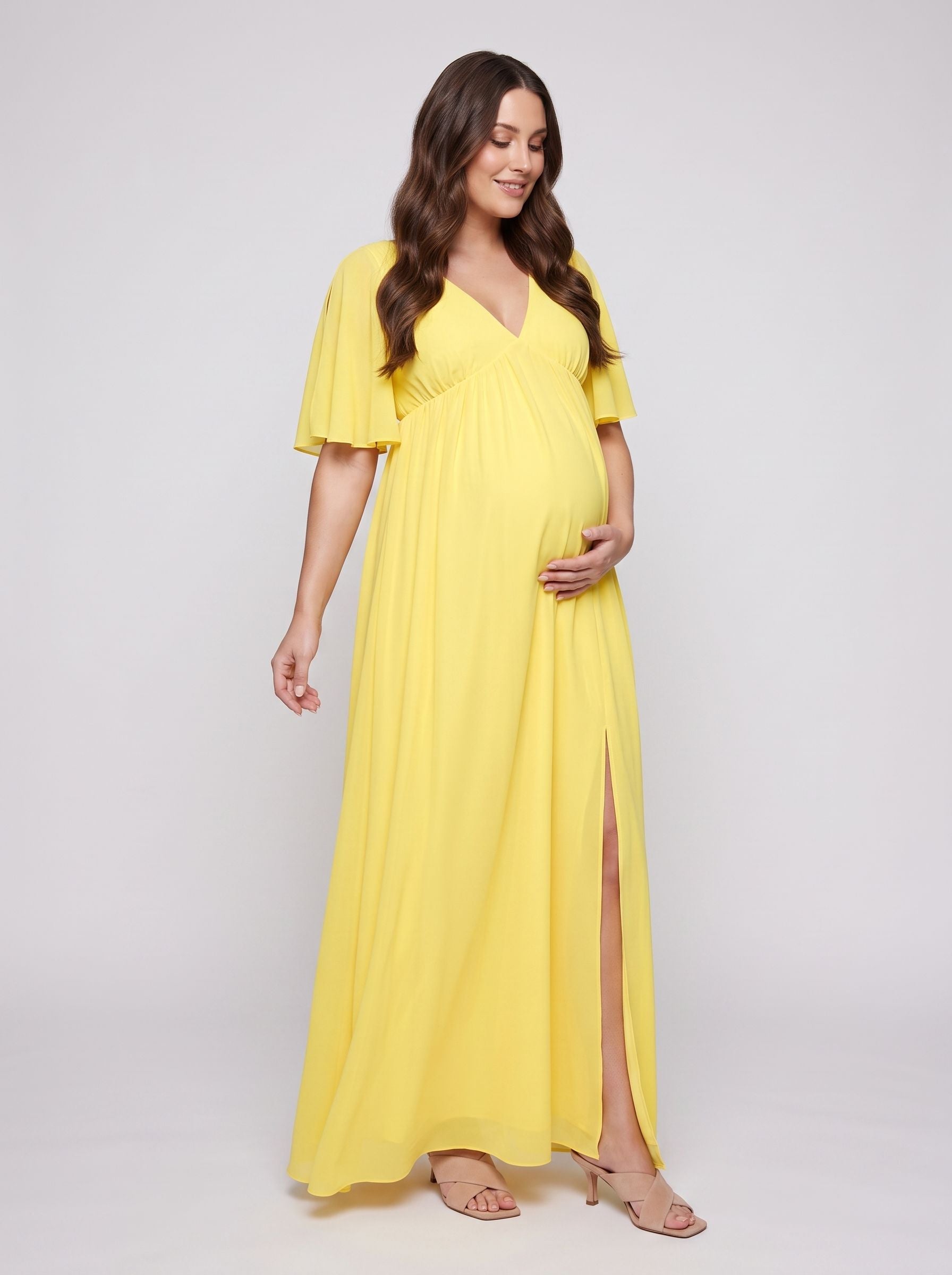 Lemon Chiffon A-Line V-Neck V-Back Ankle-Length Maternity Bridesmaid Dress - Curvevia