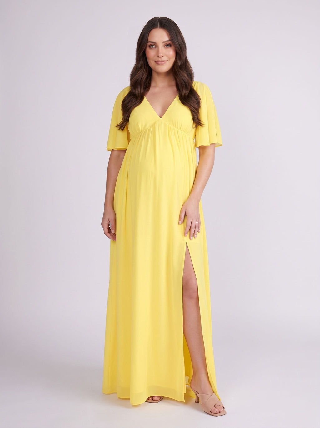 Lemon Chiffon A-Line V-Neck V-Back Ankle-Length Maternity Bridesmaid Dress - Curvevia