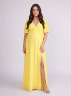 Lemon Chiffon A-Line V-Neck V-Back Ankle-Length Maternity Bridesmaid Dress - Curvevia