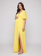 Lemon Chiffon A-Line V-Neck V-Back Ankle-Length Maternity Bridesmaid Dress - Curvevia