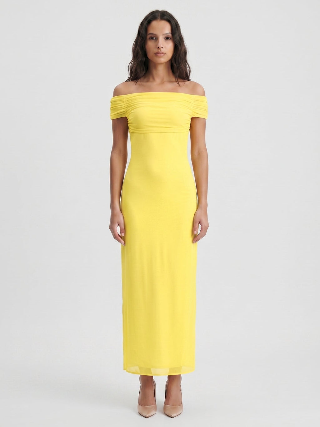 Lemon Chiffon Column Off-the-Shoulder Keyhole Back Ankle-Length Bridesmaid Dress with Pleats - Curvevia