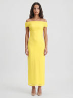 Lemon Chiffon Column Off-the-Shoulder Keyhole Back Ankle-Length Bridesmaid Dress with Pleats - Curvevia