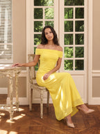 Lemon Chiffon Column Off-the-Shoulder Keyhole Back Ankle-Length Bridesmaid Dress with Pleats - Curvevia