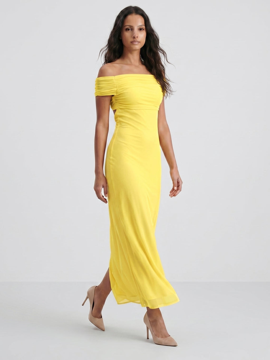 Lemon Chiffon Column Off-the-Shoulder Keyhole Back Ankle-Length Bridesmaid Dress with Pleats - Curvevia