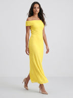 Lemon Chiffon Column Off-the-Shoulder Keyhole Back Ankle-Length Bridesmaid Dress with Pleats - Curvevia