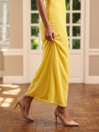 Lemon Chiffon Column Off-the-Shoulder Keyhole Back Ankle-Length Bridesmaid Dress with Pleats - Curvevia
