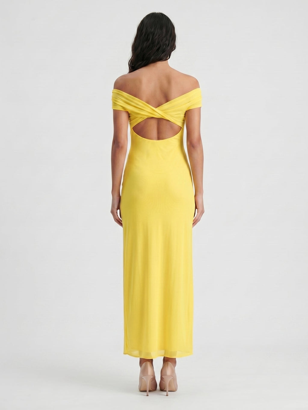 Lemon Chiffon Column Off-the-Shoulder Keyhole Back Ankle-Length Bridesmaid Dress with Pleats - Curvevia