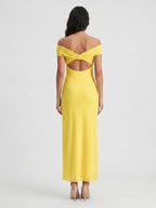 Lemon Chiffon Column Off-the-Shoulder Keyhole Back Ankle-Length Bridesmaid Dress with Pleats - Curvevia