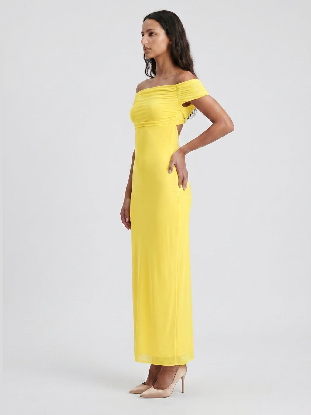 Lemon Chiffon Column Off-the-Shoulder Keyhole Back Ankle-Length Bridesmaid Dress with Pleats - Curvevia