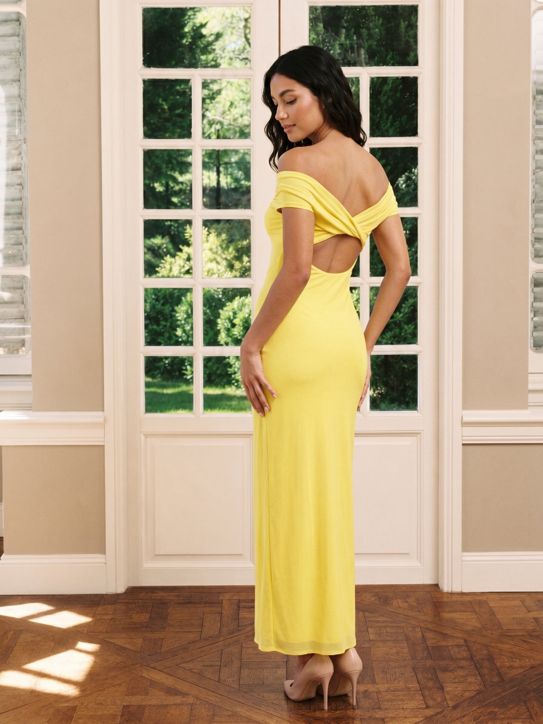 Lemon Chiffon Column Off-the-Shoulder Keyhole Back Ankle-Length Bridesmaid Dress with Pleats - Curvevia