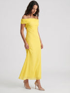 Lemon Chiffon Column Off-the-Shoulder Keyhole Back Ankle-Length Bridesmaid Dress with Pleats - Curvevia