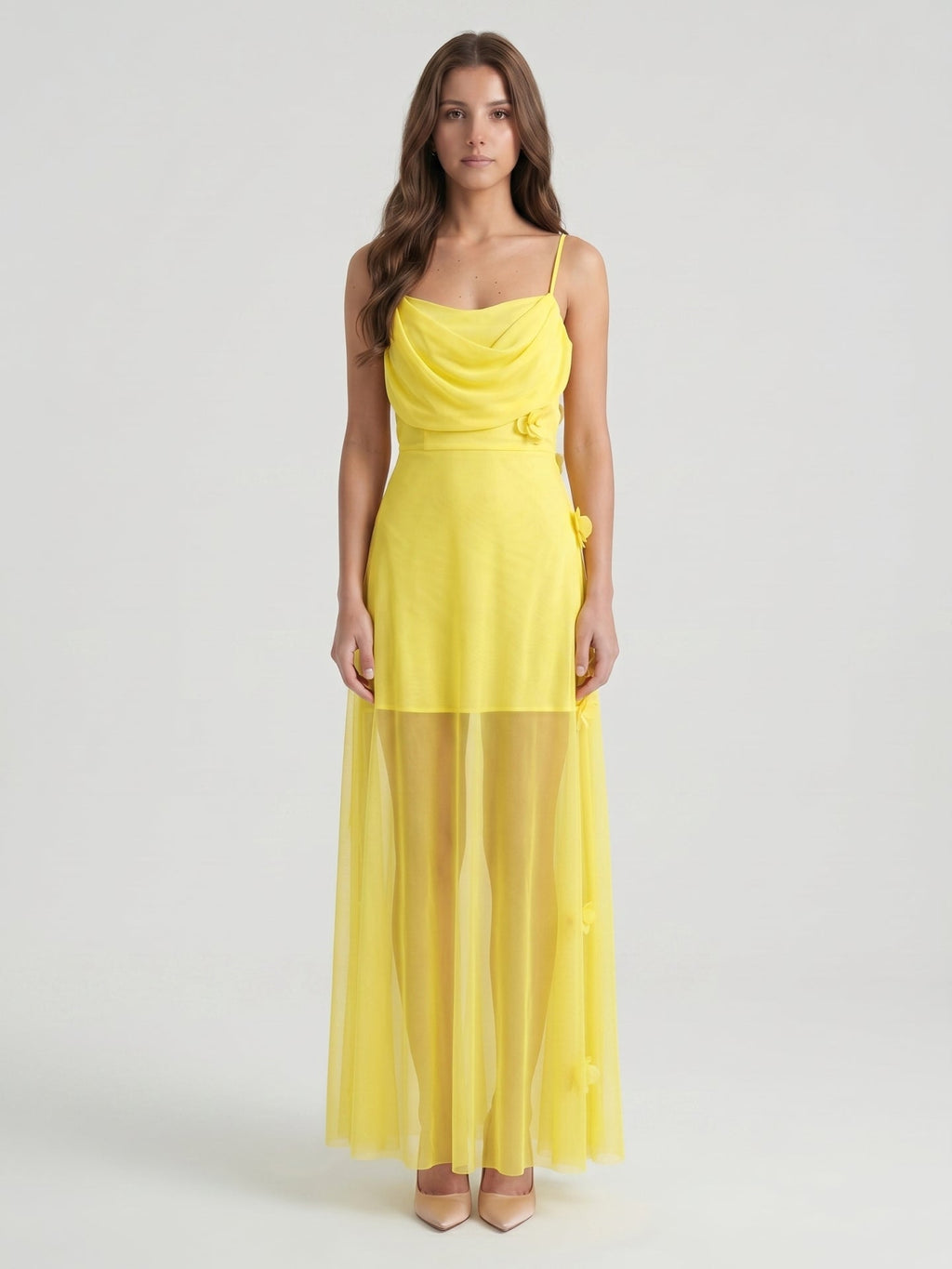 Lemon Chiffon Sheath Straight Neck Back Zip Floor Bridesmaid Dress with Pleats - Curvevia