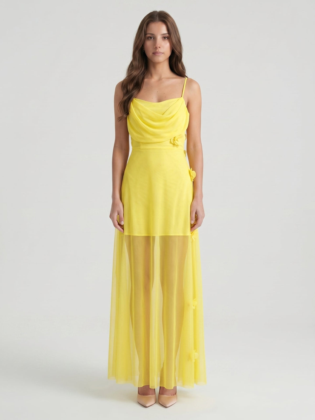 Lemon Chiffon Sheath Straight Neck Back Zip Floor Bridesmaid Dress with Pleats - Curvevia