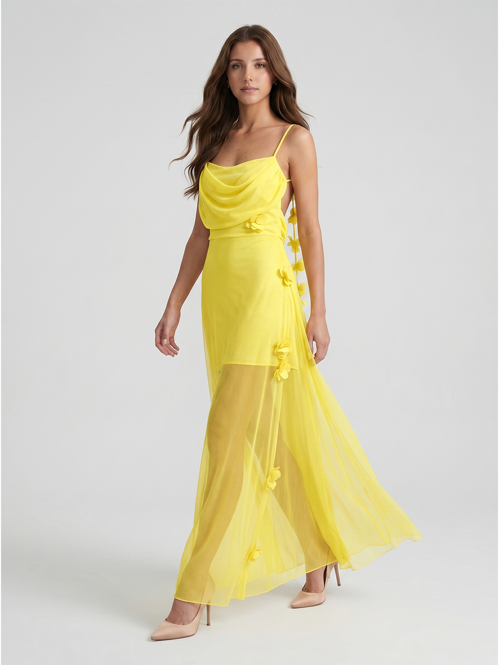 Lemon Chiffon Sheath Straight Neck Back Zip Floor Bridesmaid Dress with Pleats - Curvevia
