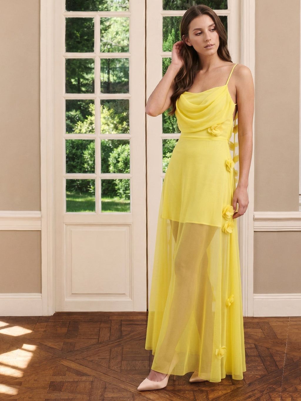Lemon Chiffon Sheath Straight Neck Back Zip Floor Bridesmaid Dress with Pleats - Curvevia