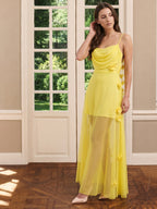 Lemon Chiffon Sheath Straight Neck Back Zip Floor Bridesmaid Dress with Pleats - Curvevia