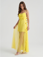 Lemon Chiffon Sheath Straight Neck Back Zip Floor Bridesmaid Dress with Pleats - Curvevia