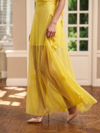 Lemon Chiffon Sheath Straight Neck Back Zip Floor Bridesmaid Dress with Pleats - Curvevia