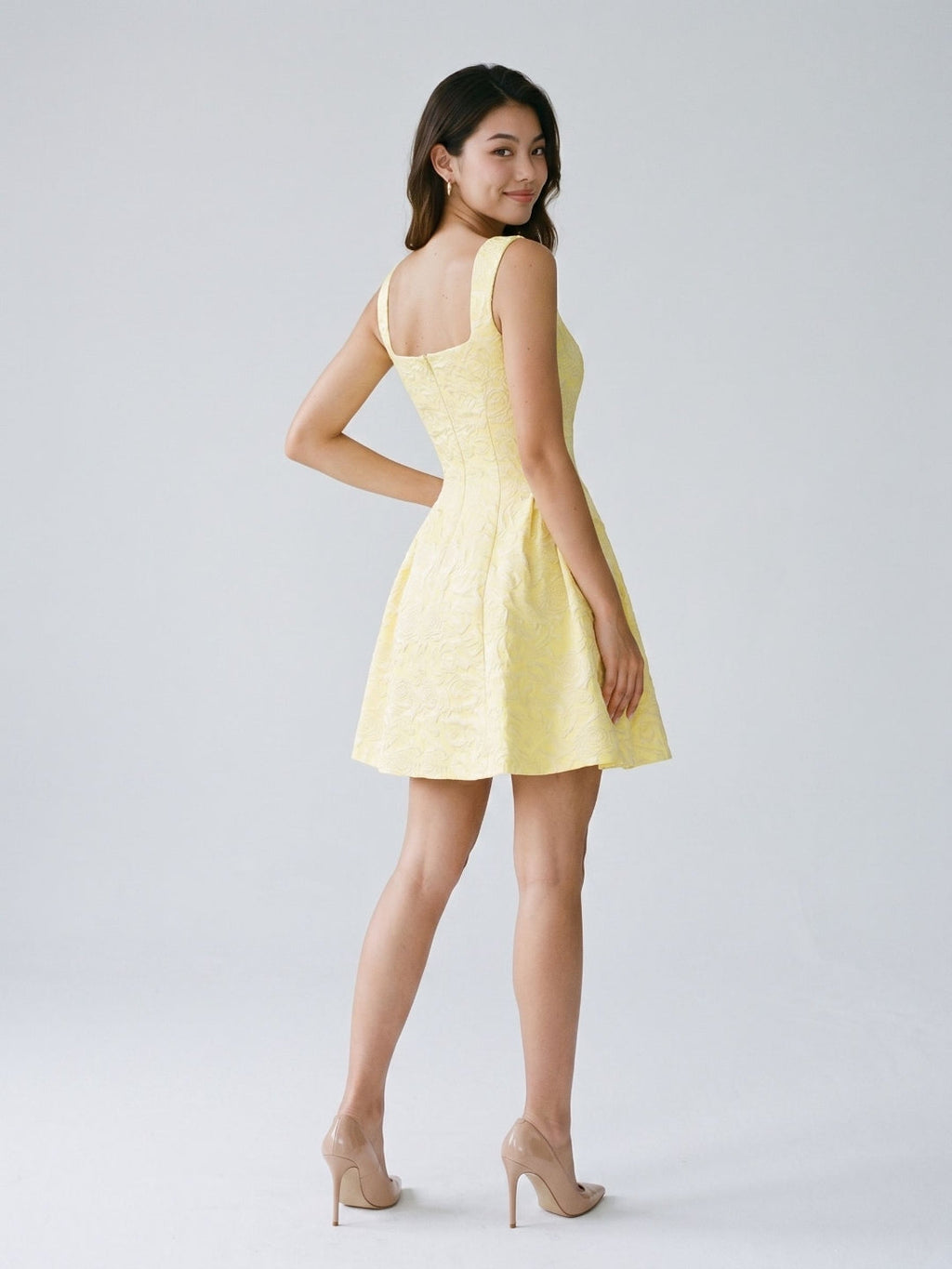 Lemon Jacquard A-Line Square Neck Back Zip Short Dress - Curvevia
