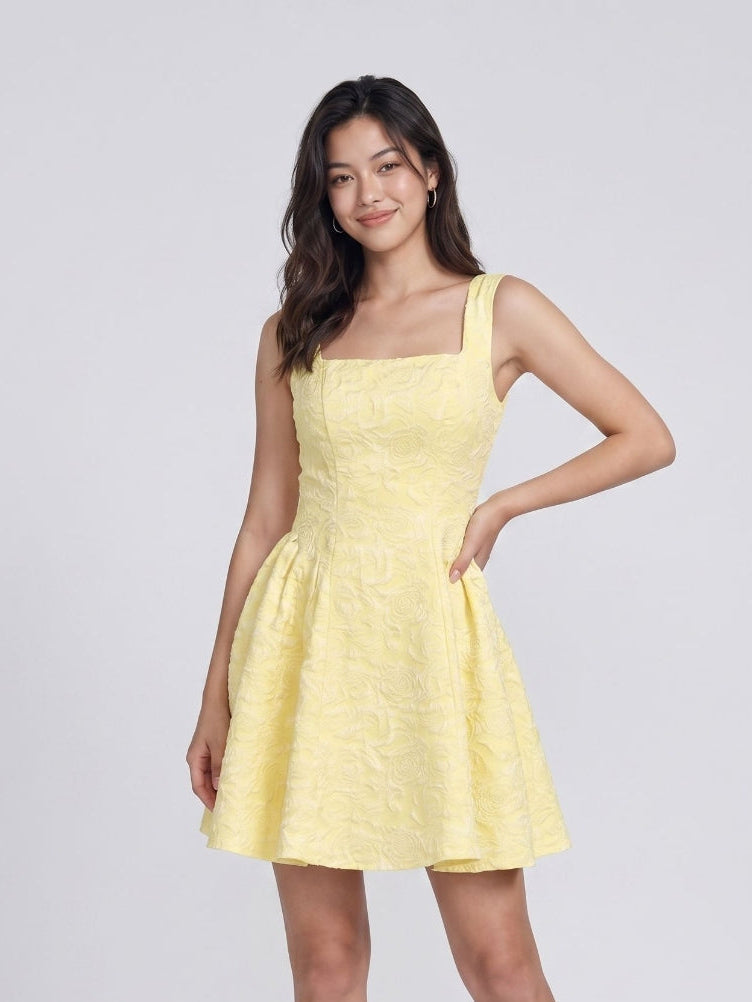 Lemon Jacquard A-Line Square Neck Back Zip Short Dress - Curvevia