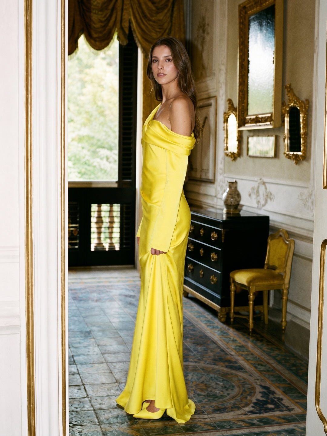 Lemon Matte Satin Sheath One Shoulder Back Zip Floor Bridesmaid Dress with Pleats - Curvevia