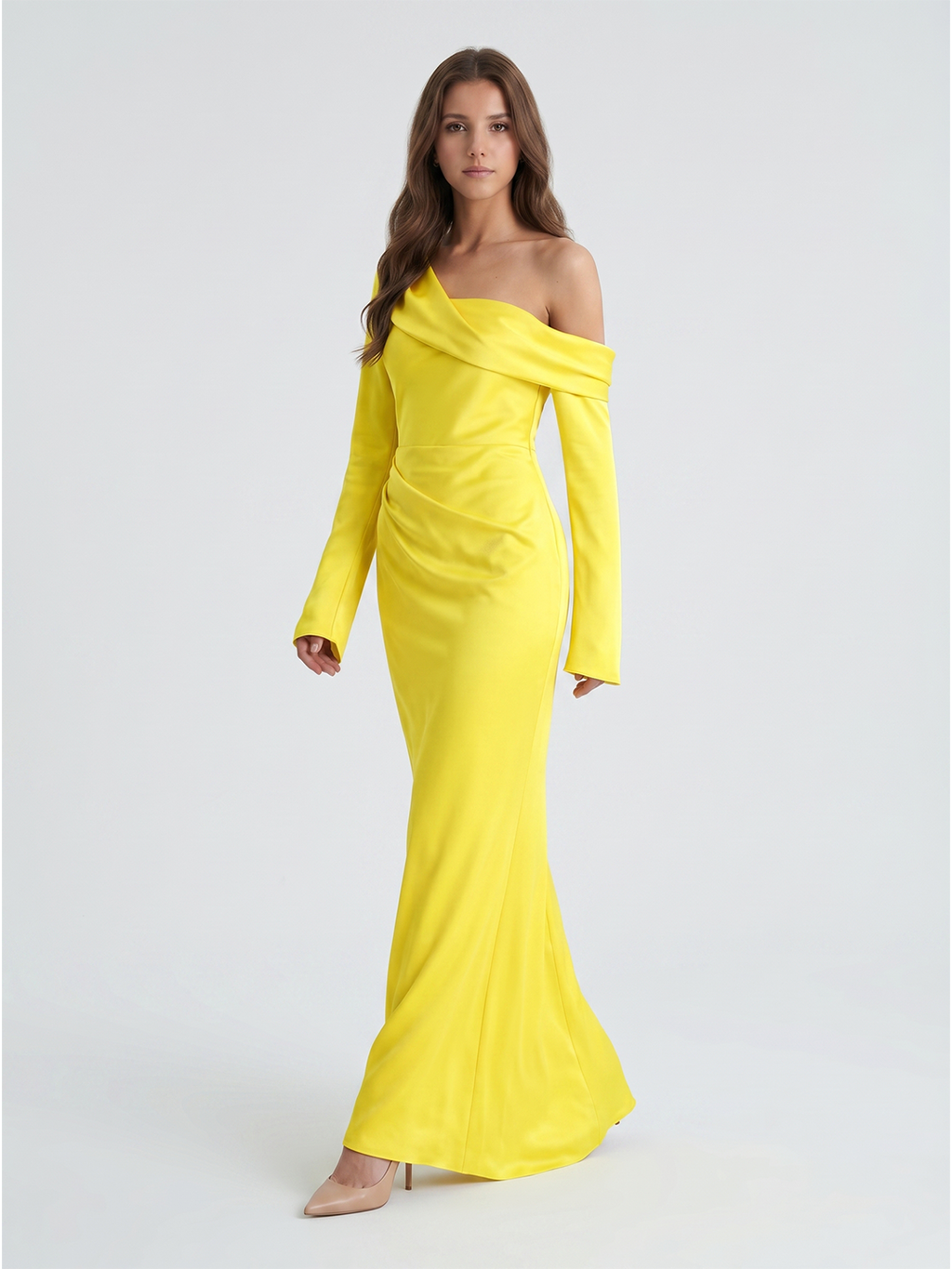 Lemon Matte Satin Sheath One Shoulder Back Zip Floor Bridesmaid Dress with Pleats - Curvevia