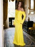 Lemon Matte Satin Sheath One Shoulder Back Zip Floor Bridesmaid Dress with Pleats - Curvevia