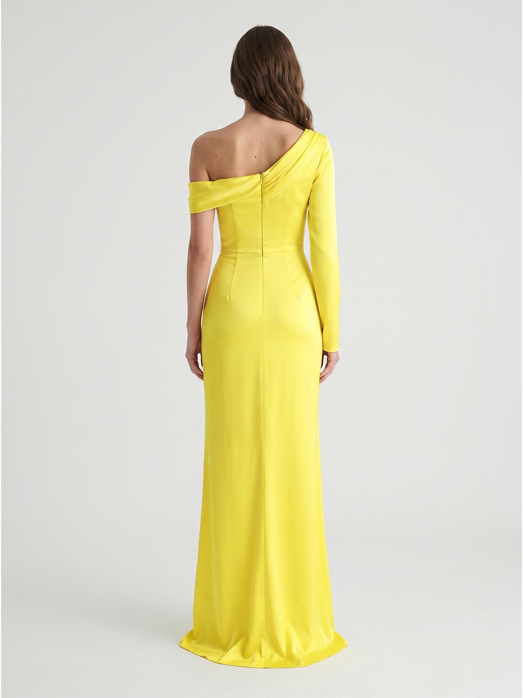 Lemon Matte Satin Sheath One Shoulder Back Zip Floor Bridesmaid Dress with Pleats - Curvevia