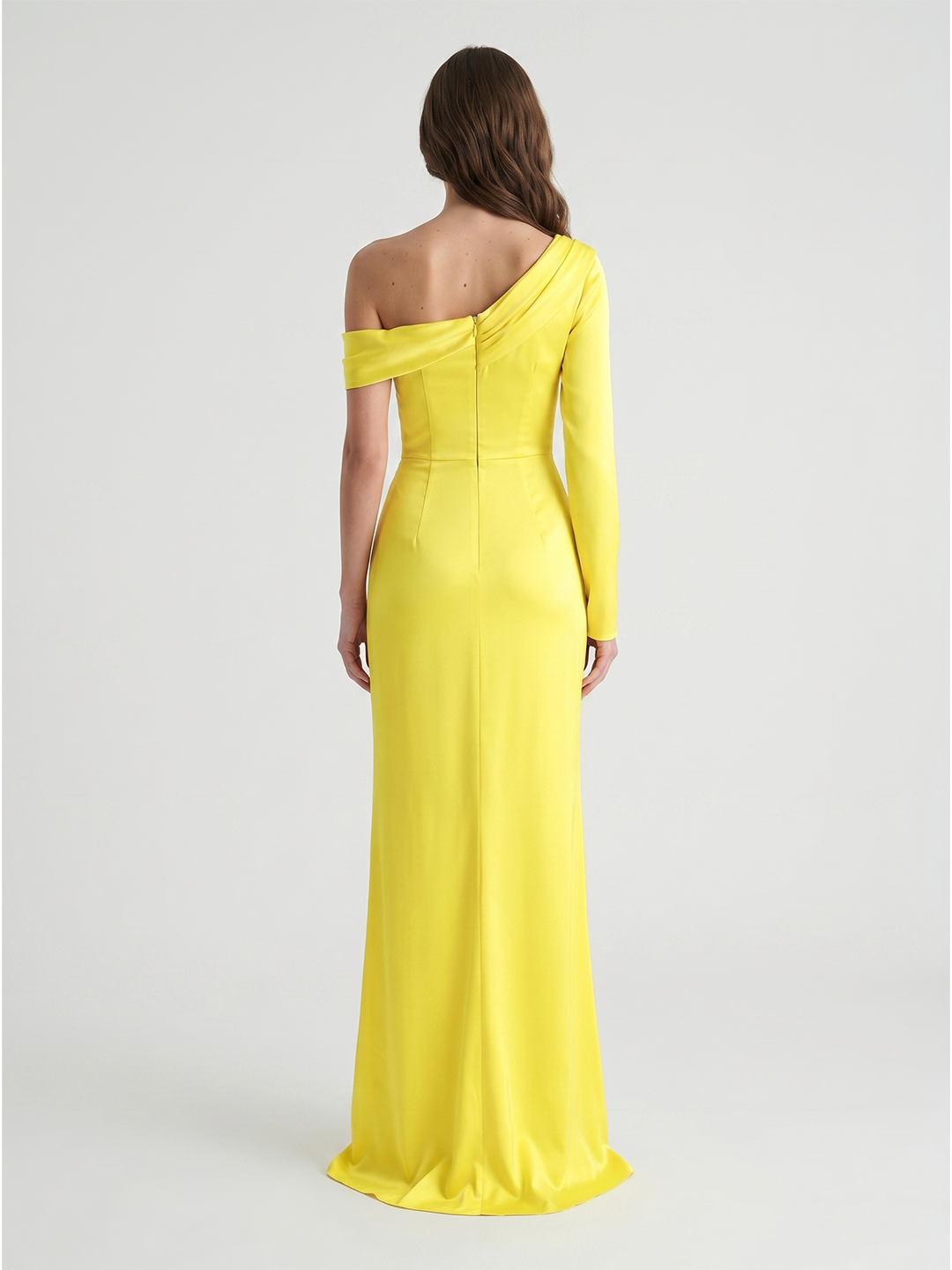 Lemon Matte Satin Sheath One Shoulder Back Zip Floor Bridesmaid Dress with Pleats - Curvevia