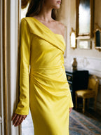 Lemon Matte Satin Sheath One Shoulder Back Zip Floor Bridesmaid Dress with Pleats - Curvevia