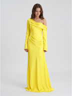 Lemon Matte Satin Sheath One Shoulder Back Zip Floor Bridesmaid Dress with Pleats - Curvevia