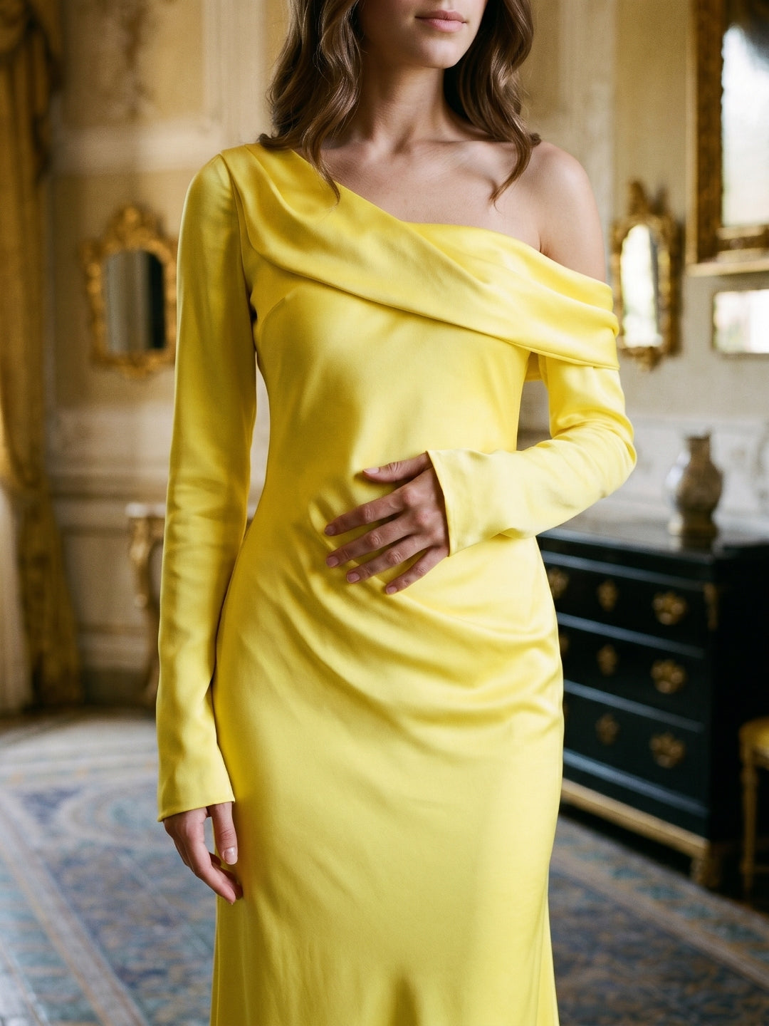 Lemon Matte Satin Sheath One Shoulder Back Zip Floor Bridesmaid Dress with Pleats - Curvevia