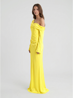 Lemon Matte Satin Sheath One Shoulder Back Zip Floor Bridesmaid Dress with Pleats - Curvevia