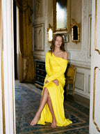 Lemon Matte Satin Sheath One Shoulder Back Zip Floor Bridesmaid Dress with Pleats - Curvevia