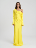 Lemon Matte Satin Sheath One Shoulder Back Zip Floor Bridesmaid Dress with Pleats - Curvevia