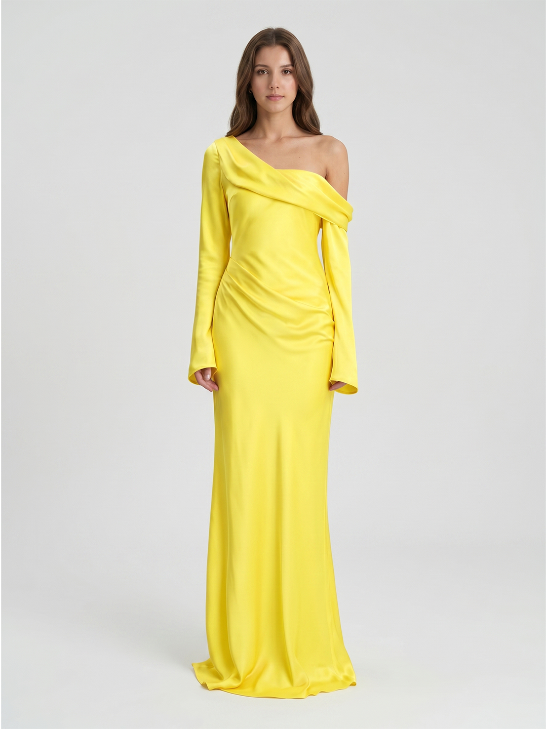 Lemon Matte Satin Sheath One Shoulder Back Zip Floor Bridesmaid Dress with Pleats - Curvevia