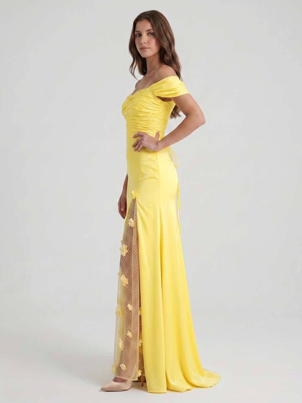 Lemon Satin A-Line Off-Shoulder Criss-Cross Floor-Length Bridesmaid Dress with 3D Flowers - Curvevia