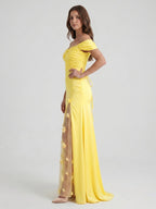 Lemon Satin A-Line Off-Shoulder Criss-Cross Floor-Length Bridesmaid Dress with 3D Flowers - Curvevia