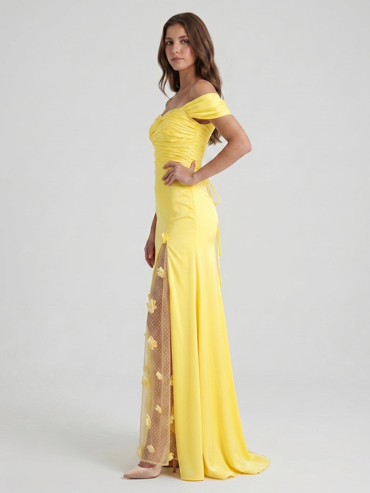 Lemon Satin A-Line Off-Shoulder Criss-Cross Floor-Length Bridesmaid Dress with 3D Flowers - Curvevia