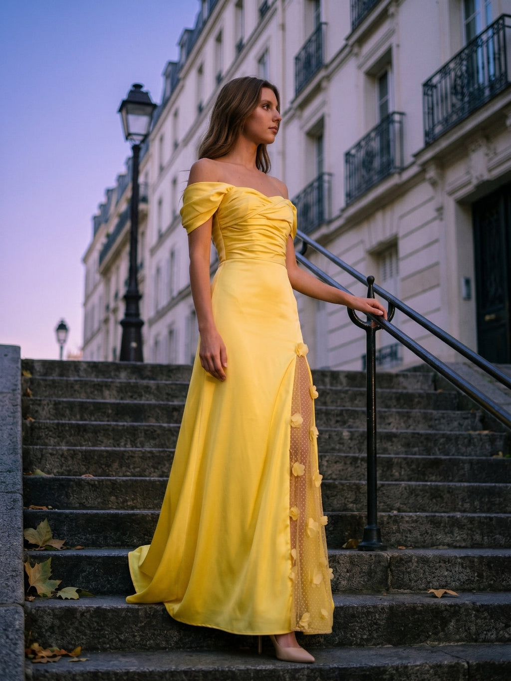 Lemon Satin A-Line Off-Shoulder Criss-Cross Floor-Length Bridesmaid Dress with 3D Flowers - Curvevia