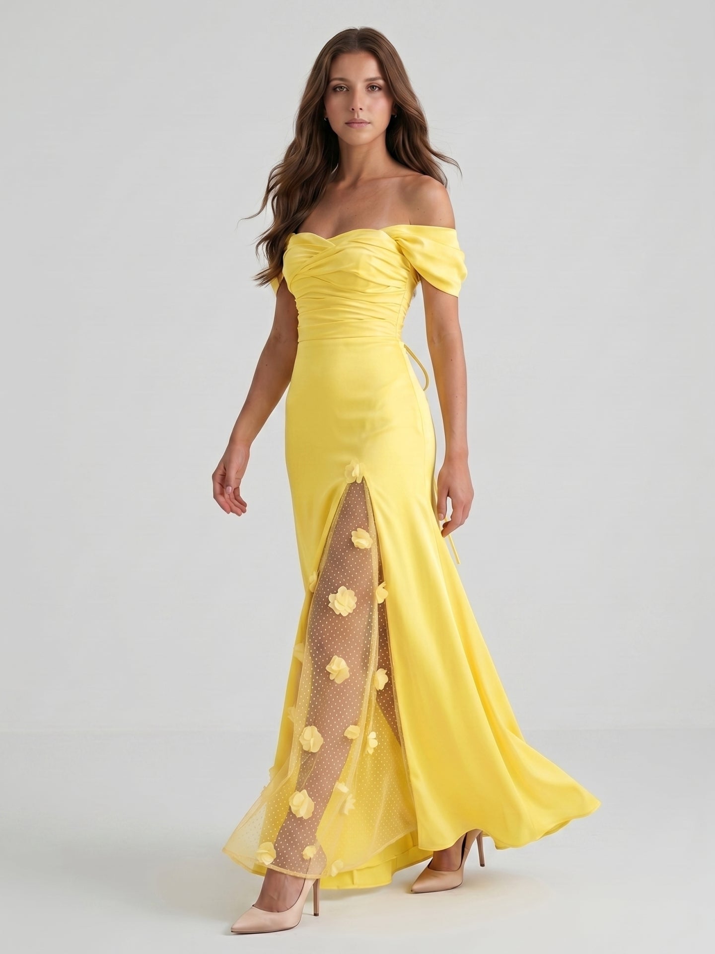 Lemon Satin A-Line Off-Shoulder Criss-Cross Floor-Length Bridesmaid Dress with 3D Flowers - Curvevia