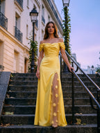 Lemon Satin A-Line Off-Shoulder Criss-Cross Floor-Length Bridesmaid Dress with 3D Flowers - Curvevia