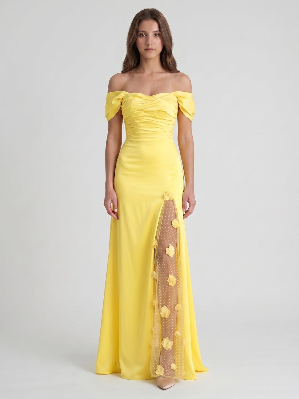 Lemon Satin A-Line Off-Shoulder Criss-Cross Floor-Length Bridesmaid Dress with 3D Flowers - Curvevia