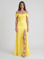 Lemon Satin A-Line Off-Shoulder Criss-Cross Floor-Length Bridesmaid Dress with 3D Flowers - Curvevia