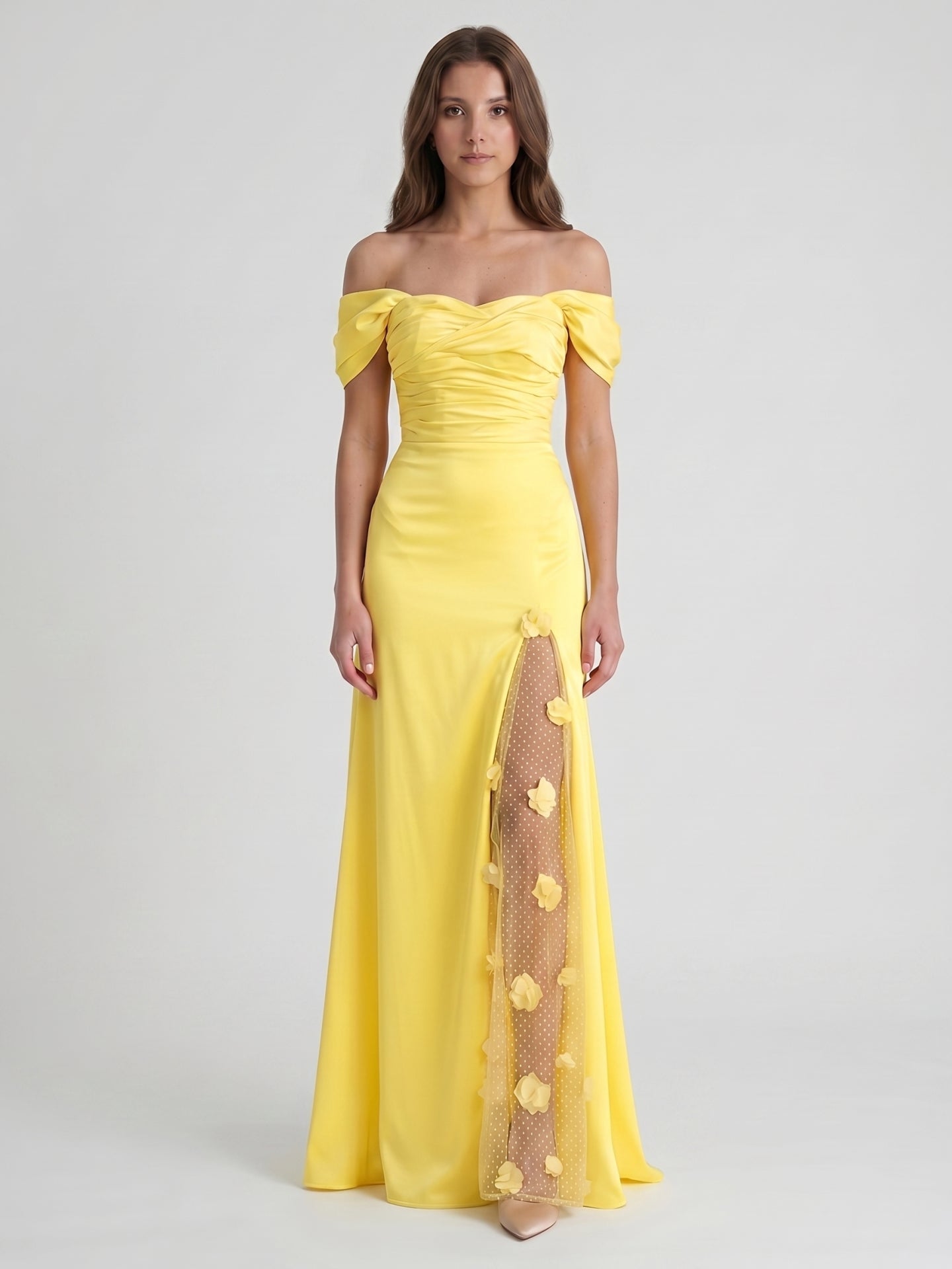 Lemon Satin A-Line Off-Shoulder Criss-Cross Floor-Length Bridesmaid Dress with 3D Flowers - Curvevia