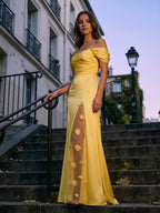Lemon Satin A-Line Off-Shoulder Criss-Cross Floor-Length Bridesmaid Dress with 3D Flowers - Curvevia