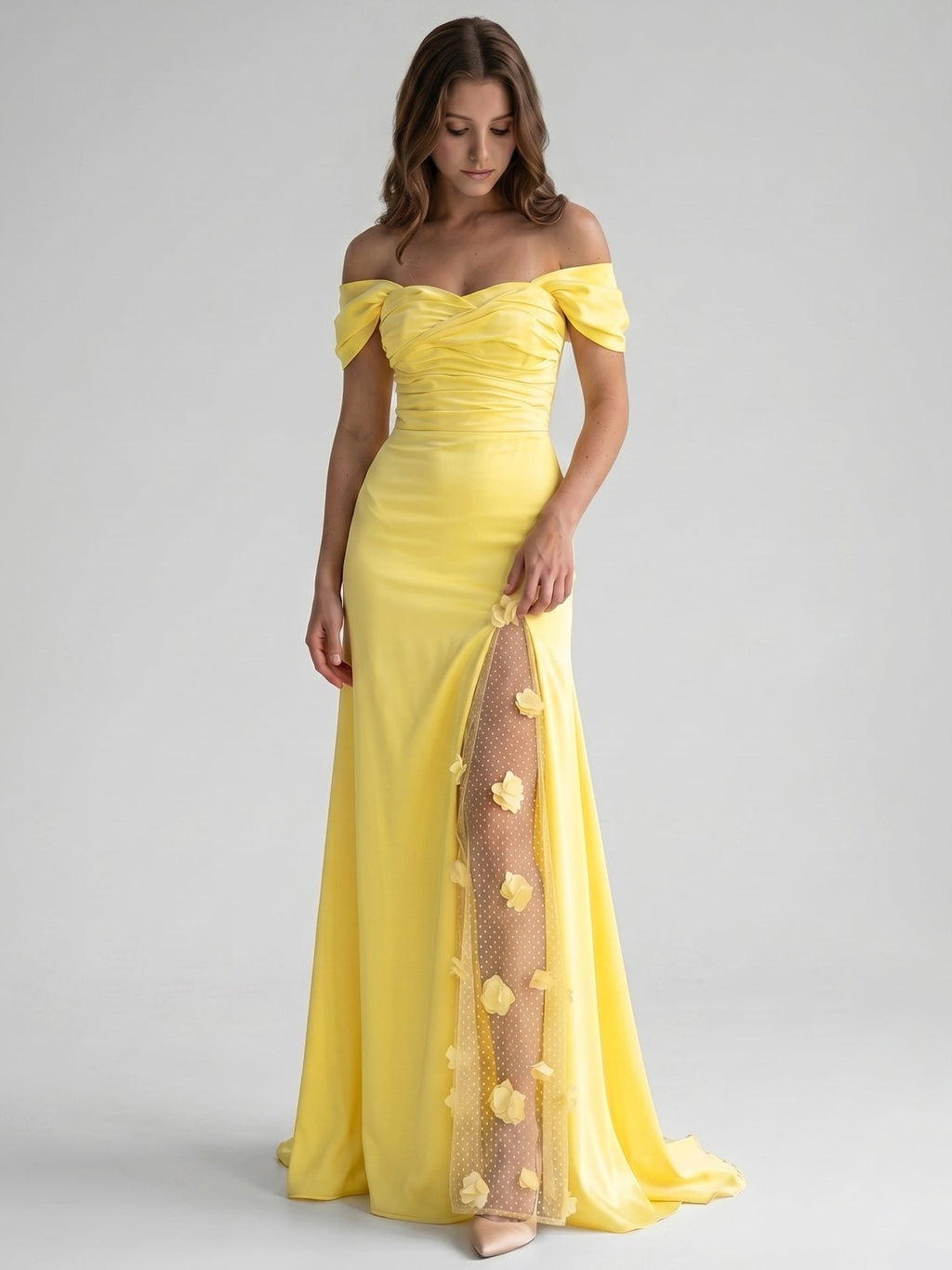 Lemon Satin A-Line Off-Shoulder Criss-Cross Floor-Length Bridesmaid Dress with 3D Flowers - Curvevia