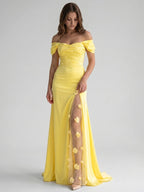 Lemon Satin A-Line Off-Shoulder Criss-Cross Floor-Length Bridesmaid Dress with 3D Flowers - Curvevia