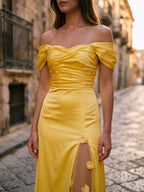 Lemon Satin A-Line Off-Shoulder Criss-Cross Floor-Length Bridesmaid Dress with 3D Flowers - Curvevia