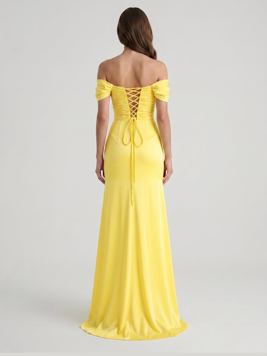 Lemon Satin A-Line Off-Shoulder Criss-Cross Floor-Length Bridesmaid Dress with 3D Flowers - Curvevia